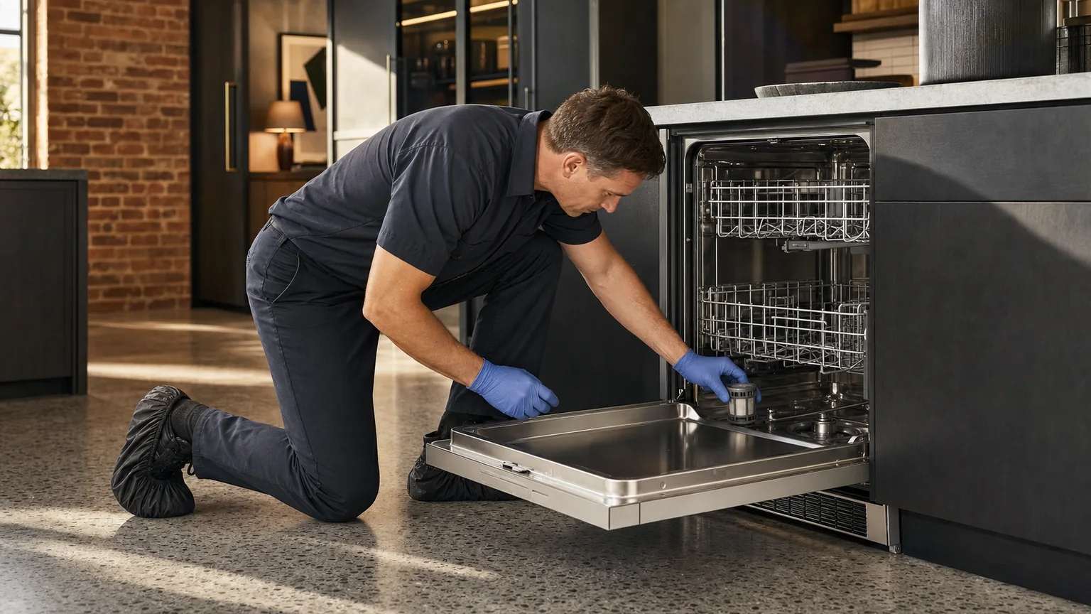Panel-ready dishwasher prepared for a professional diagnostic visit